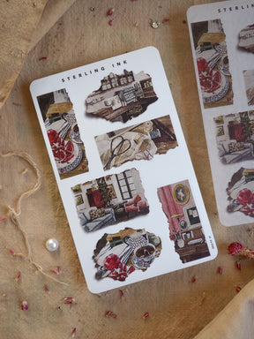 Sheet of distressed "Torn Paper Stickers" featuring vintage, stacked, shabby-chic illustrations of domestic items, furniture, and cozy interiors.