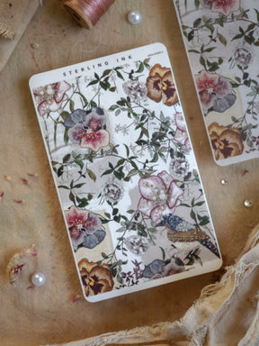 Botanical sticker strip featuring a dense pattern of muted watercolor flowers in dusty plum, soft pink, and sage green, perfect for February 2025 journaling.