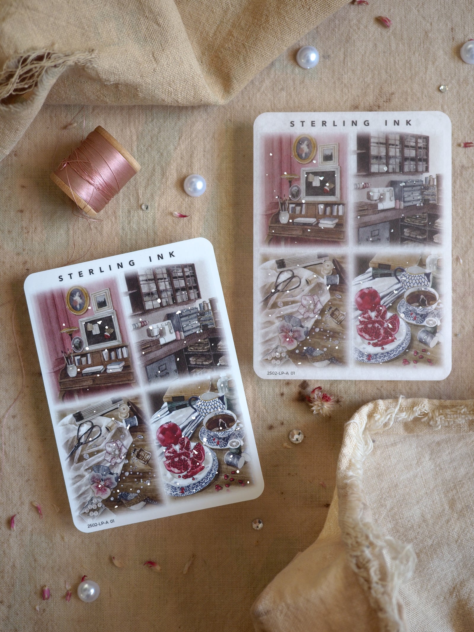 Decorative planner sticker sheets featuring detailed antique illustrations of ornate cabinets, delicate florals, and vintage accessories with silver foil accents.