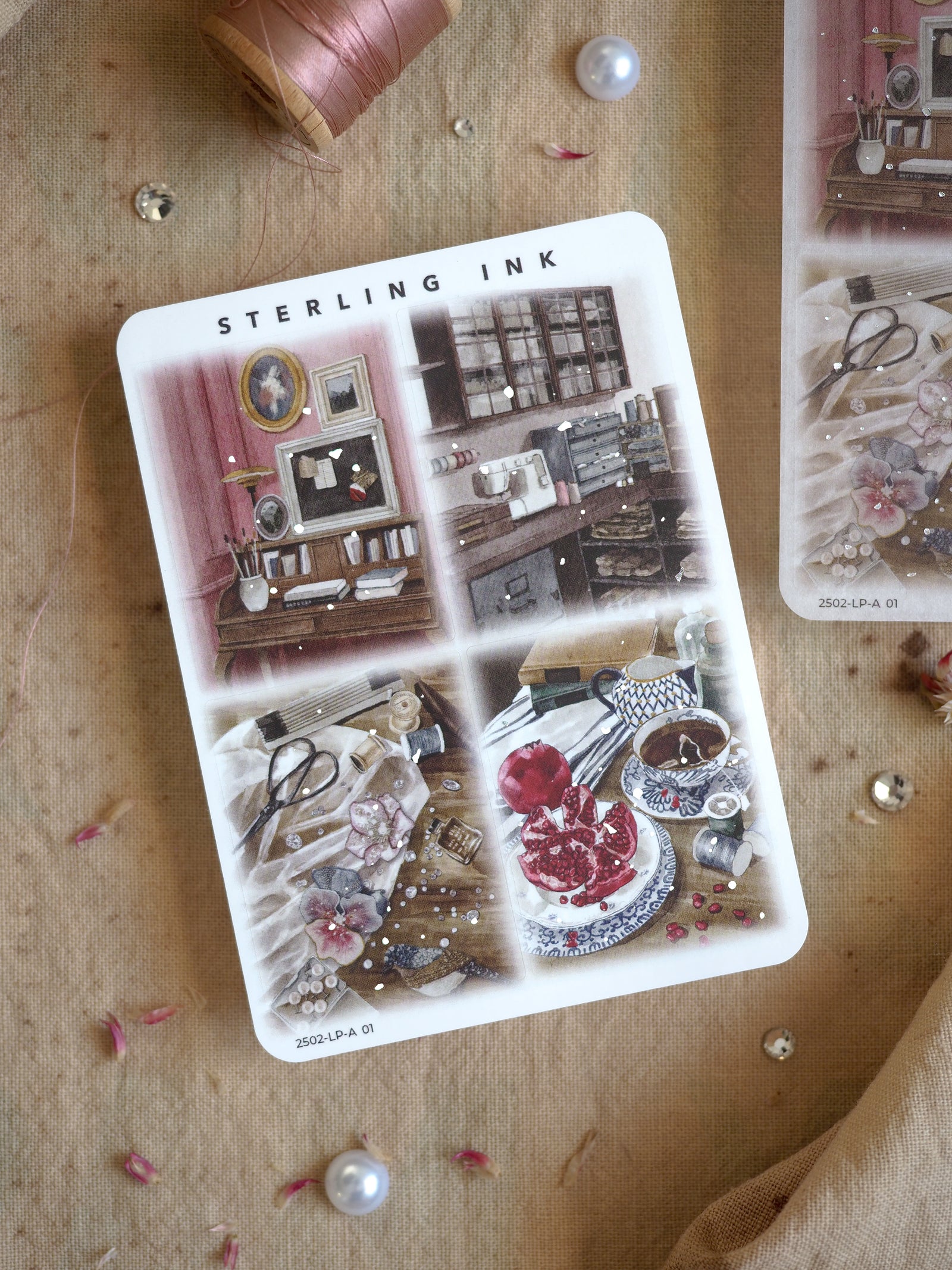 Decorative large sticker featuring a grid of vintage vanity and apothecary objects—mirrors, silver-foil accessories, and cluttered antique goods.