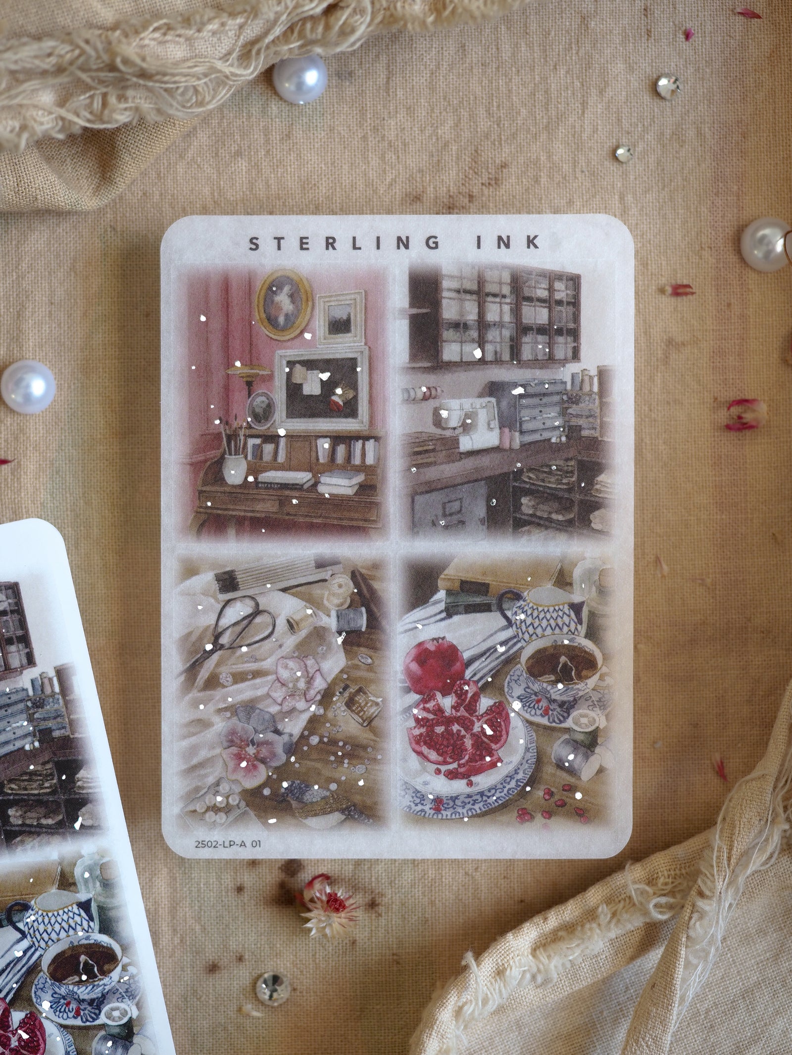 Vintage illustration sticker set featuring four panels of nostalgic domestic scenes, including antique furniture, ornate vanity mirrors, and stylized kitchen vignettes.