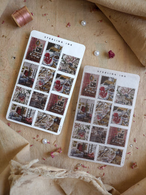 Vintage sepia-toned stamp stickers for February, featuring arrays of rustic botanical motifs, framed windows, and muted red floral clusters.