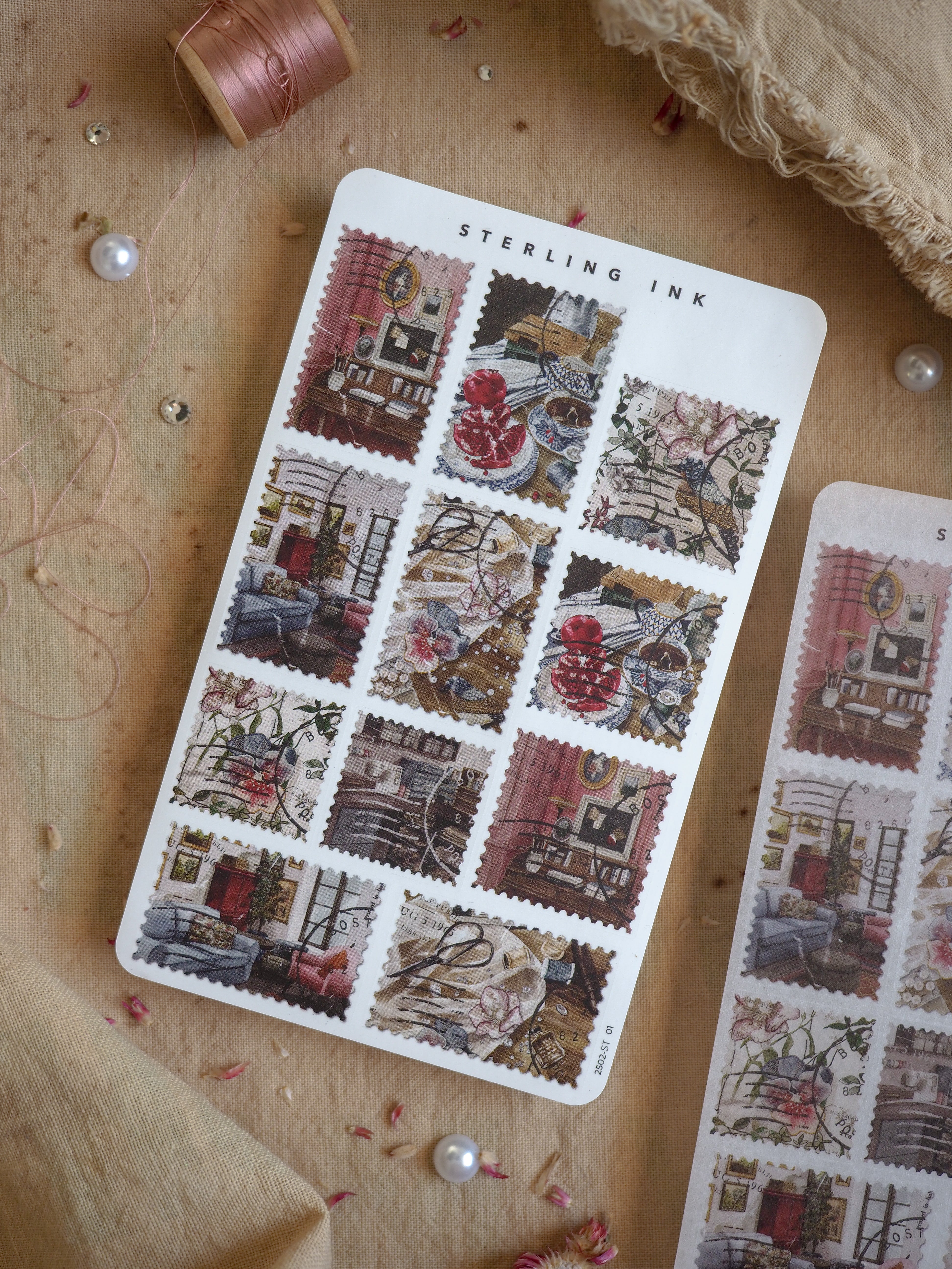 Sterling Ink sticker sheet featuring a grid of nostalgic, vintage-style postage stamps that depict detailed antique interior scenes and rooms.
