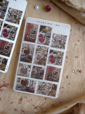 Vintage home decor sticker set featuring detailed scrapbook stamps of cozy interior vignettes, including antique furniture, fireplaces, and domestic scenes.