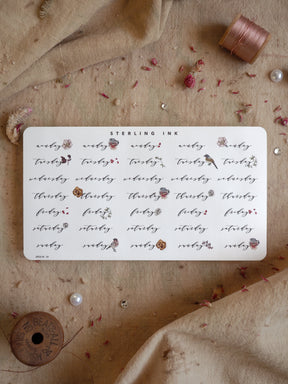 Planner stickers for February 2025 on a white sheet, featuring decorative weekly labels and repeating rustic floral motifs in soft earth tones.