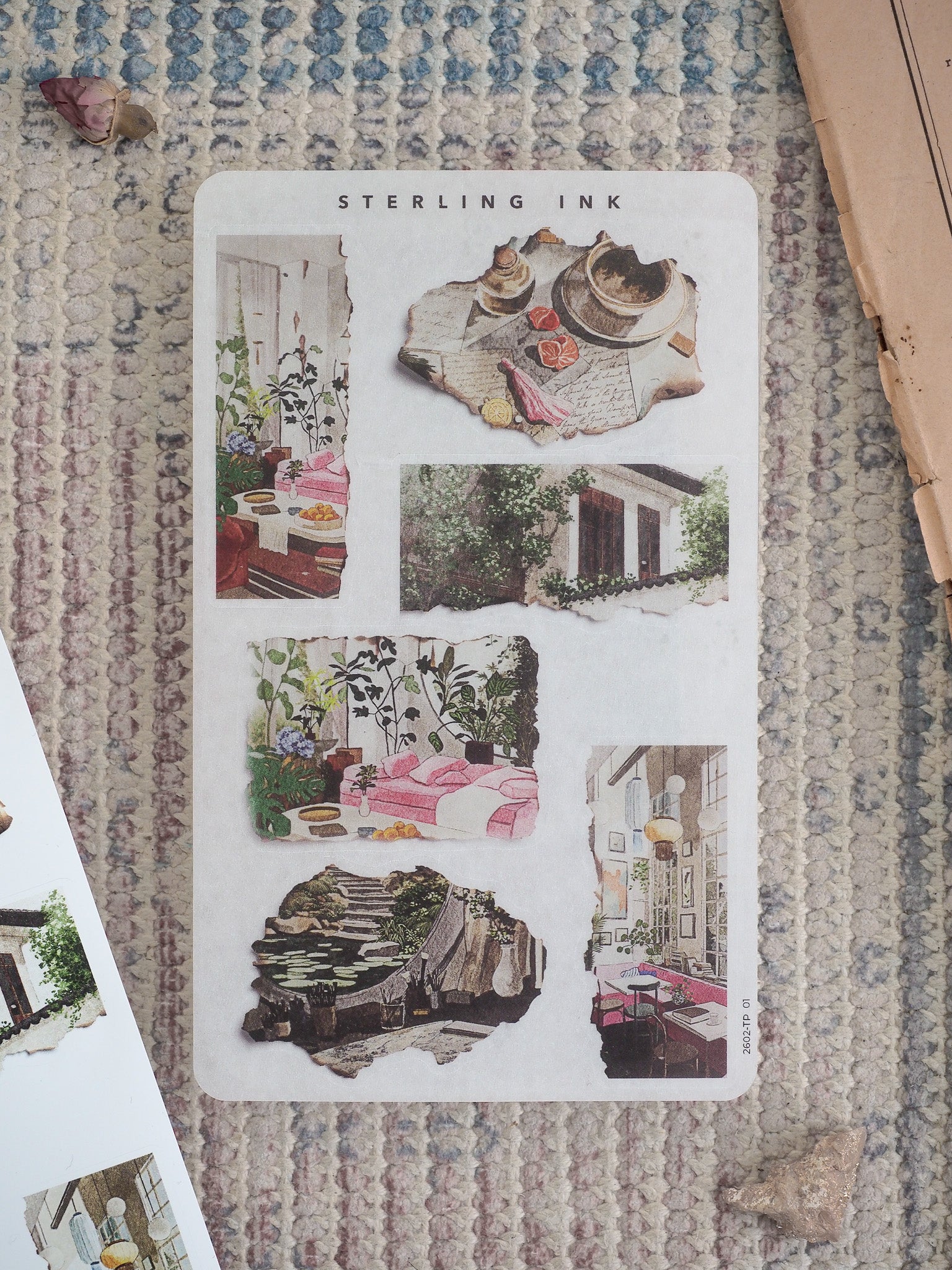 Collection of vintage-style torn paper stickers featuring warm, nostalgic vignettes like cozy dining scenes, hats, potted plants, and rustic objects for journaling and scrapbooking.