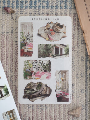 Collection of vintage-style torn paper stickers featuring warm, nostalgic vignettes like cozy dining scenes, hats, potted plants, and rustic objects for journaling and scrapbooking.