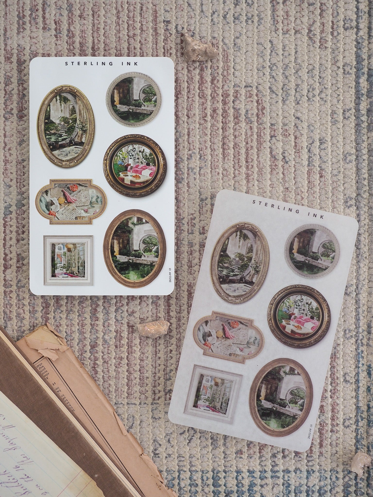 Sheet of assorted sticker embellishments featuring vintage picture frames with ornate borders and sepia-toned pictures of scenic and historical interiors.