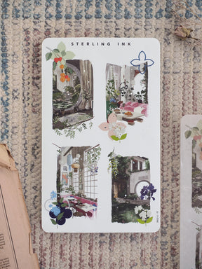 Four collage stickers depicting diverse spring scenes, including floral arches, brightly lit indoor rooms, and charming garden vignettes.