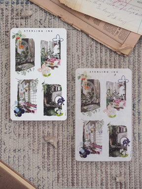 Elegant collage stickers for journaling featuring whimsical Parisian architecture, including decorative arches, windows, and rich floral arrangements.