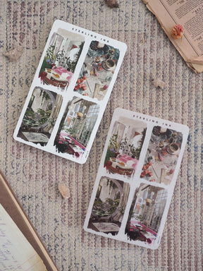 Vintage illustration sticker sheets featuring a grid of romantic, detailed drawings of domestic scenes, such as cozy interiors, dining tables, and ornate windows.