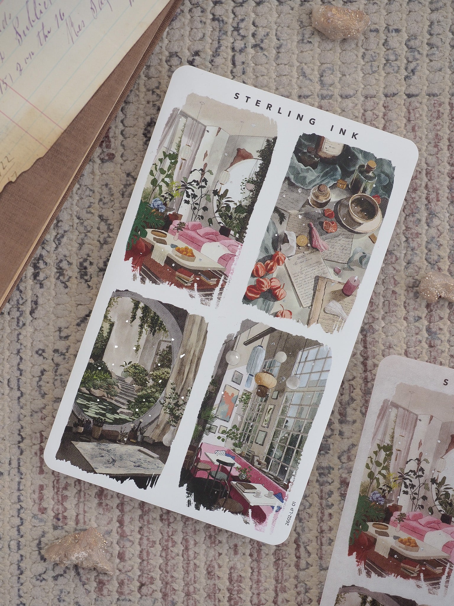 Detailed large sticker sheet featuring romantic illustrations of café scenes, floral table settings, and cozy lifestyle vignettes perfect for scrapbooking and journaling.