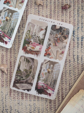 Collection of large illustration stickers featuring detailed, vintage vignettes of cozy interiors, architectural scenes, and whimsical details, branded "STERLING INK."
