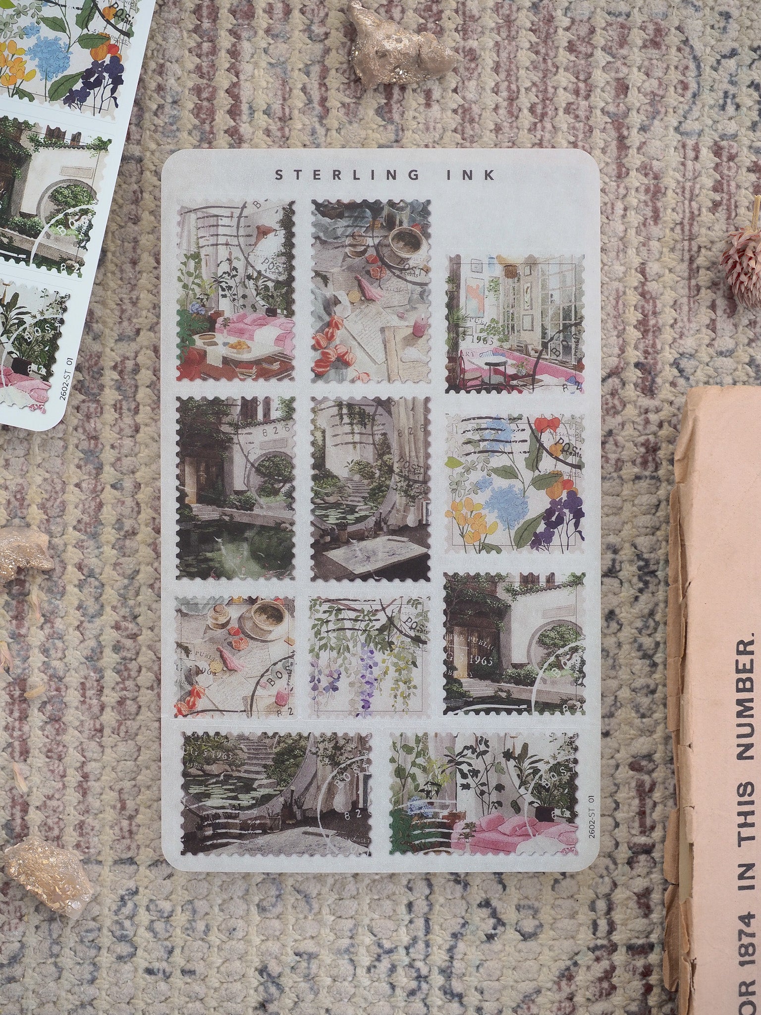 A delicate sticker sheet featuring a grid pattern of nostalgic scenes, including lush gardens, blooming flowers, and charming vintage architecture.