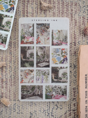 A delicate sticker sheet featuring a grid pattern of nostalgic scenes, including lush gardens, blooming flowers, and charming vintage architecture.