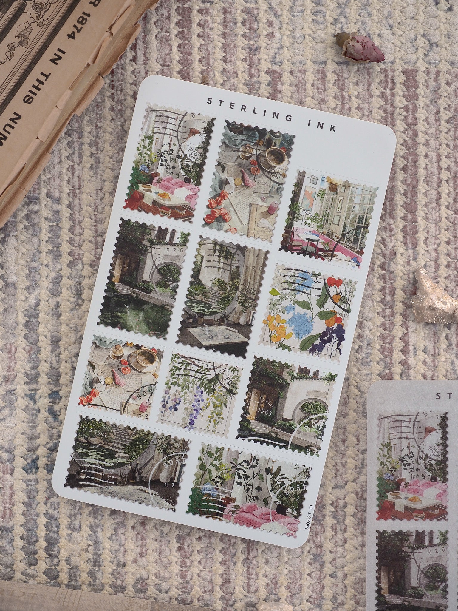 Detailed sticker sheet featuring vintage illustrations of charming architecture, colorful flower bouquets, and ornate antique scenes perfect for scrapbooking and journaling.