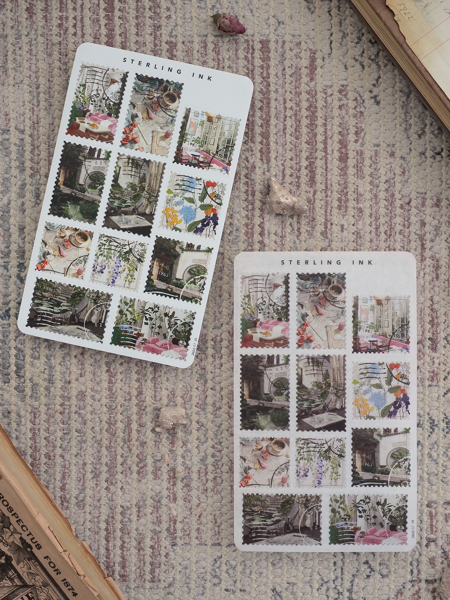 Sterling Ink sticker sheet featuring a delightful collage of vintage florals, antique architecture, and romantic garden vignettes perfect for scrapbooking.