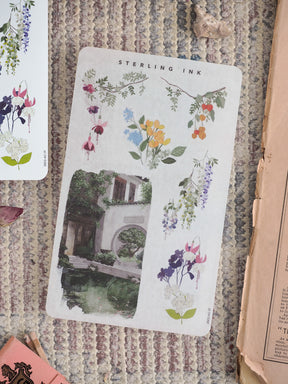 Decorative sticker sheet with a romantic botanical theme, featuring watercolor floral clusters and a detailed illustration of a vine-covered garden archway.