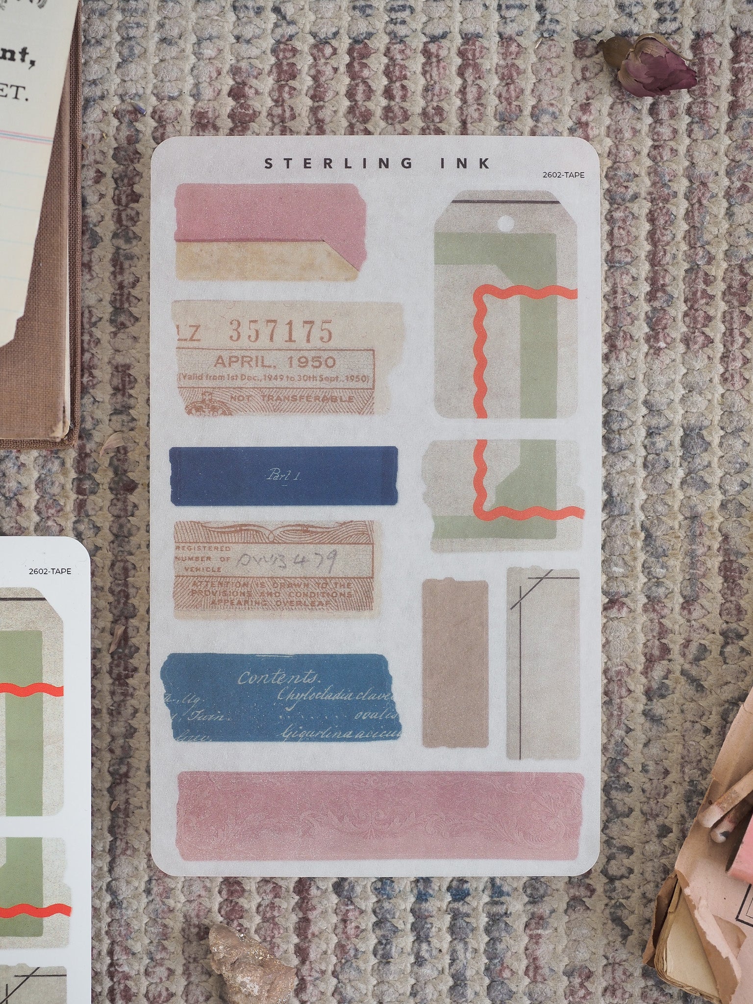 Vintage-style labeled sticker set featuring filing labels, date fields, and solid colored strips in blush, sage, and taupe tones for journaling and scrapbooking.