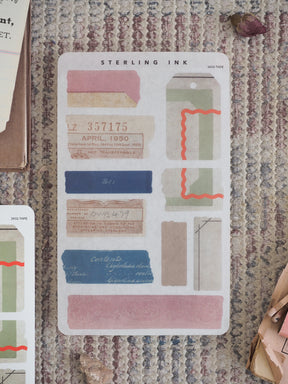 Vintage-style labeled sticker set featuring filing labels, date fields, and solid colored strips in blush, sage, and taupe tones for journaling and scrapbooking.