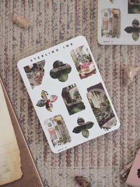 Mini Elements Icon Stickers featuring muted, vintage illustrations of architecture, lush clover shapes, and patterned lifestyle vignettes.