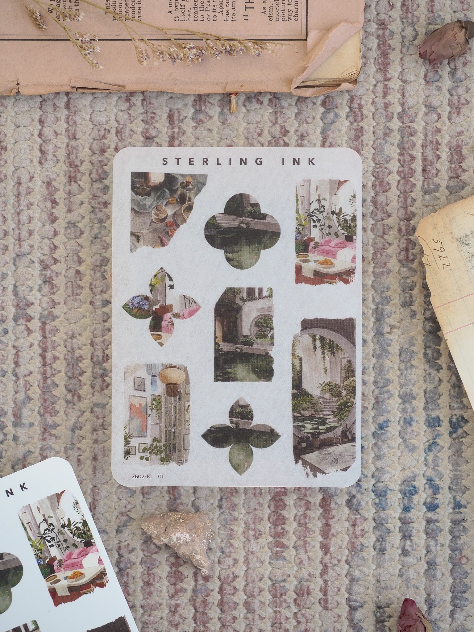 Mini sticker sheet featuring vintage architectural icons, including detailed arches, windows, doorways, and quatrefoil shapes in natural green tones.