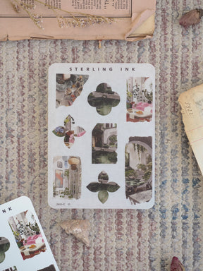 Mini sticker sheet featuring vintage architectural icons, including detailed arches, windows, doorways, and quatrefoil shapes in natural green tones.
