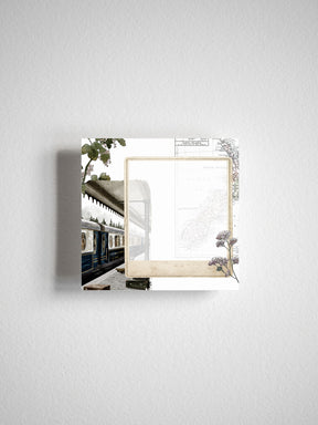 Vintage sticky note featuring a rustic photograph of a steam train at a station alongside a distressed map of New Zealand's North and South Islands.