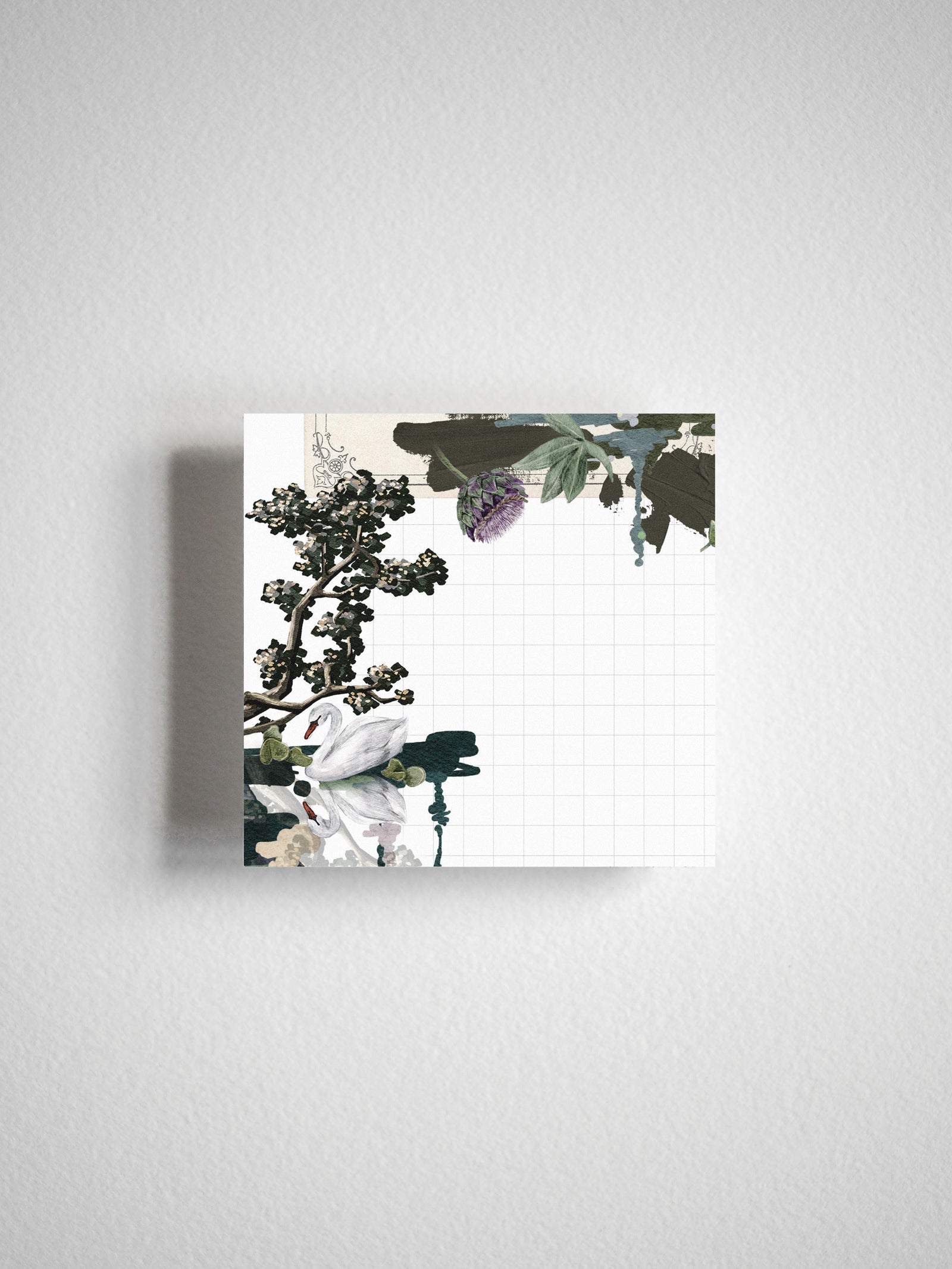Elegant "Swan Lake" sticky note design featuring graceful white swans amidst dark, blossoming branches and rich, moody greenery for June 2025 planning.