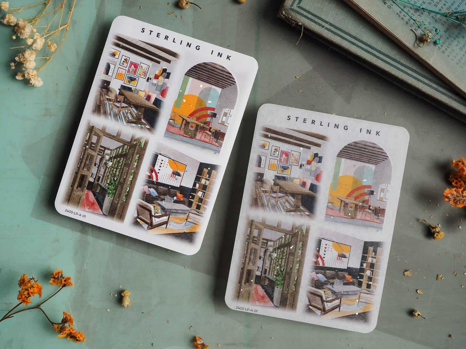 Sticker sheets featuring cozy, illustrated interiors with warm, detailed depictions of domestic scenes, furniture, and vibrant home decor.