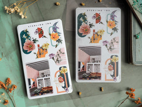 Decorative arrangement stickers featuring whimsical watercolor floral bouquets and minimalist interior architectural line art on a bright white background.
