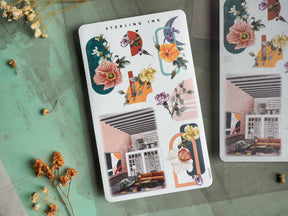 Botanical planner cover for March 2024, featuring lush watercolor floral arrangements mixed with modern, geometric architectural sketches and color blocks.
