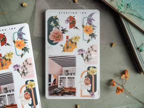 Sticker sheet featuring an arrangement of soft watercolor florals and delicate architectural sketches in pastel tones, perfect for March 2024 planning.