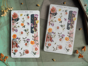 Botanical washi sticker sheets featuring delicate watercolor roses and scattered floral blooms interspersed with elegant vertical stripes in soft pastels and rich jewel tones.