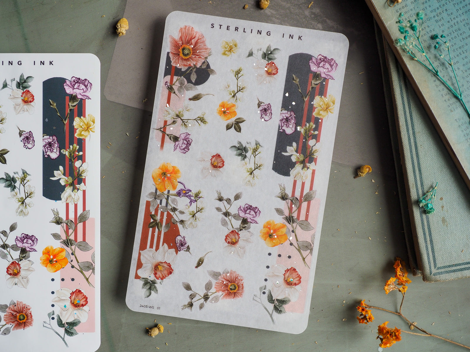 Beautiful sticker sheet design featuring watercolor spring flowers, pastel blossoms, and decorative vertical maroon washi strips.