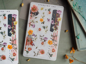Beautiful sticker sheet design featuring watercolor spring flowers, pastel blossoms, and decorative vertical maroon washi strips.