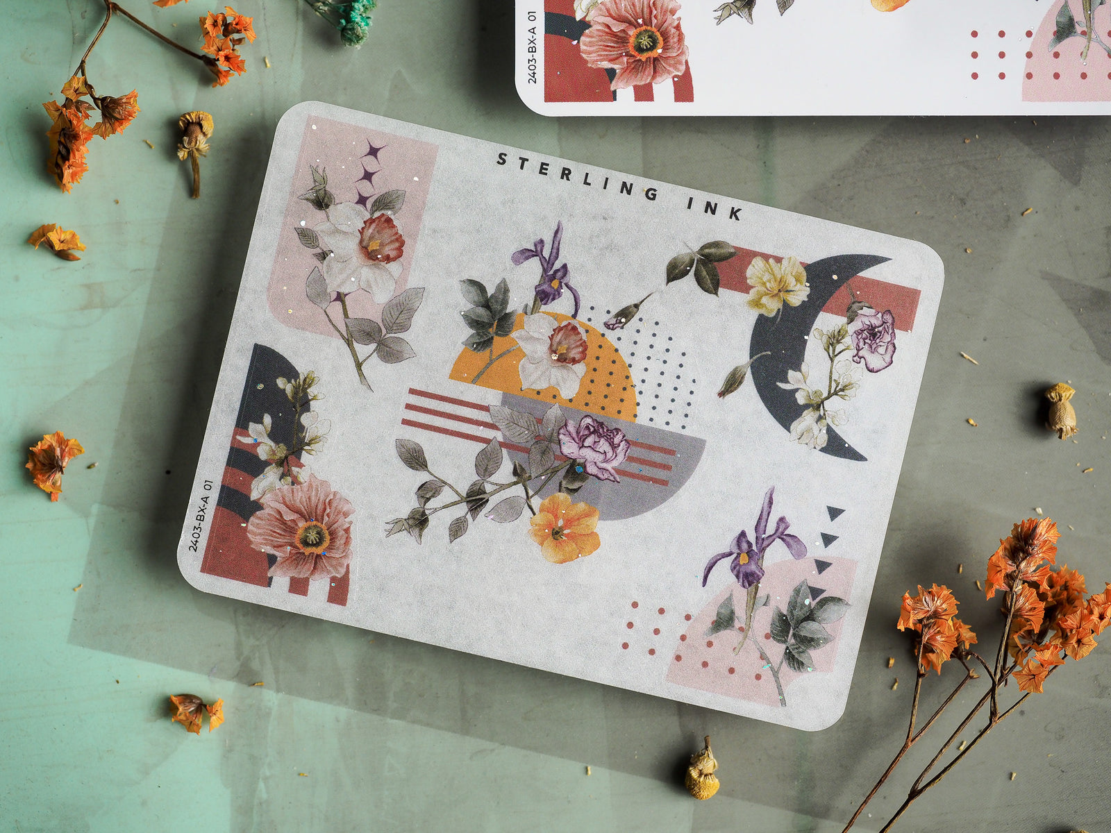 Botanical sticker sheet featuring watercolor roses and irises, a crescent moon, and abstract geometric stripes, perfect for spring journaling.