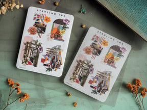 Vibrant, spring-themed icon art depicting detailed collages of quaint storefronts, lush floral arrangements, and botanical elements.