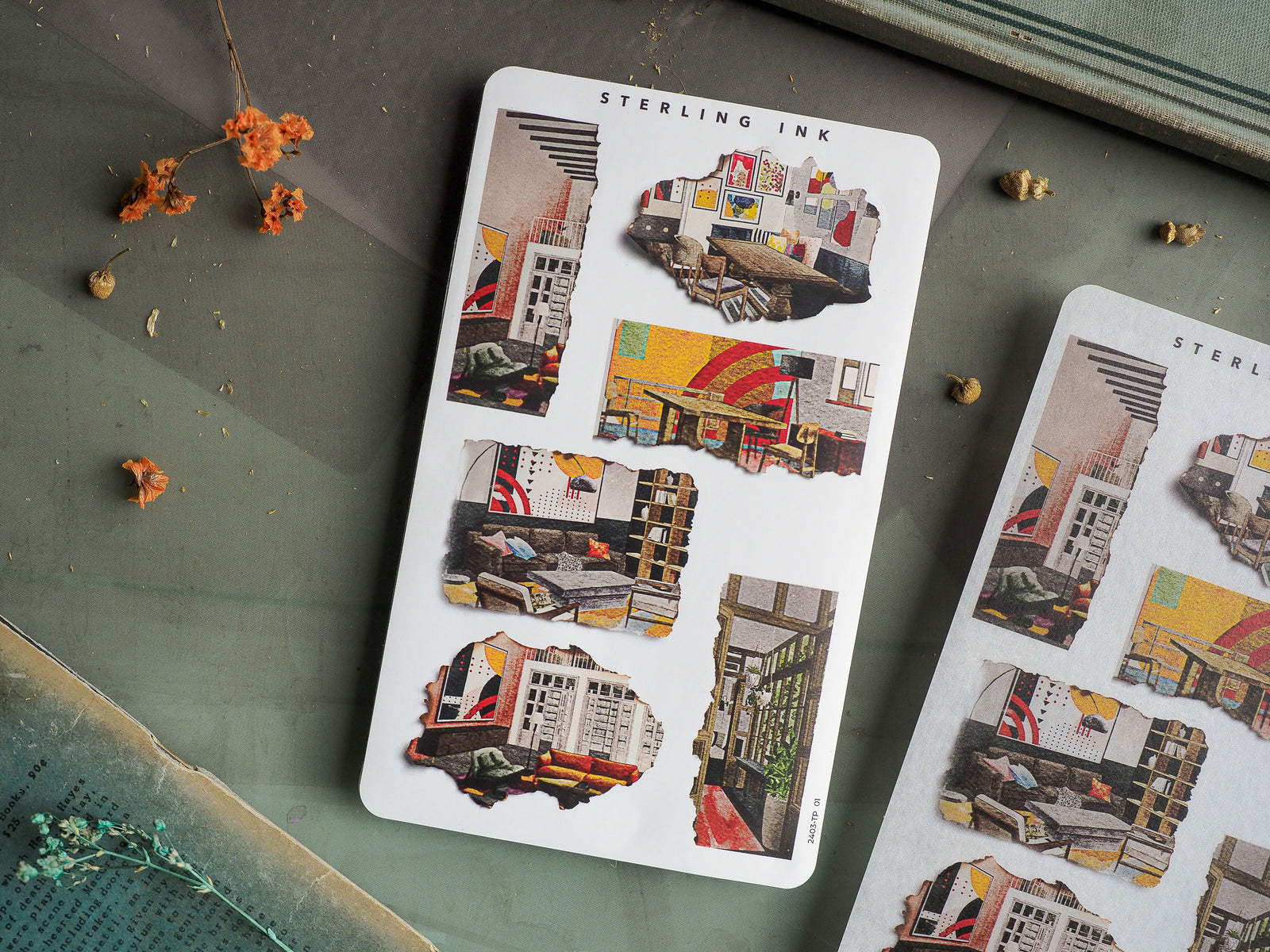 Vibrant, collage-style sticker sheets featuring detailed, layered illustrations of diverse architectural subjects, including colorful streetscapes and urban building scenes.