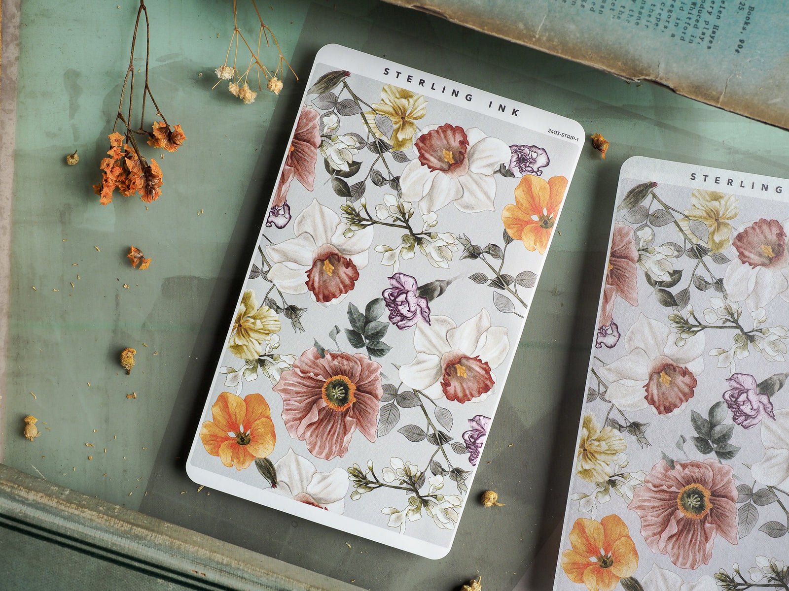 Botanical sticker sheets featuring soft pastel watercolor illustrations of mixed roses, peonies, and greenery on crisp white paper.