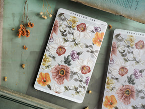 Botanical sticker sheets featuring soft pastel watercolor illustrations of mixed roses, peonies, and greenery on crisp white paper.