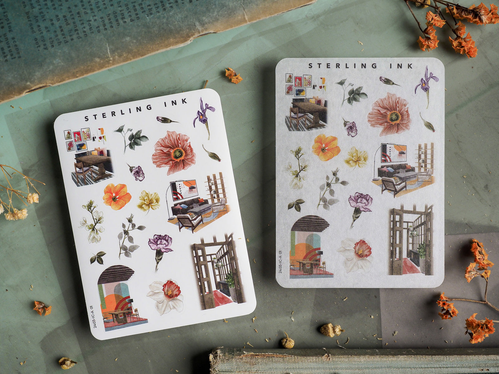 A delightful sticker set featuring watercolor illustrations of miniature homes, window scenes, and diverse botanical elements like soft flowers and foliage.