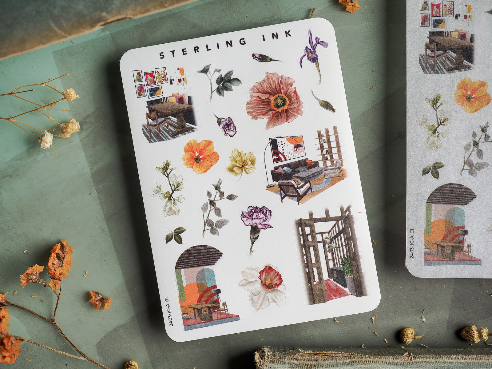 Detailed sticker sheet titled "Mini Elements Icon Stickers," showcasing spring vignettes of colorful flowers, and charming miniature architectural scenes.