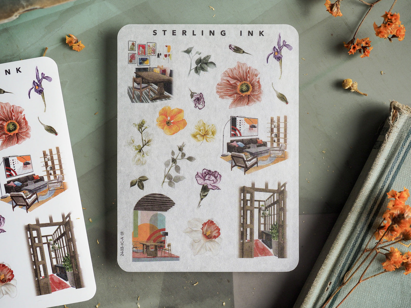 Delicate sticker elements featuring botanical illustrations, tiny architectural vignettes, and small indoor scenes in soft, muted earth tones.