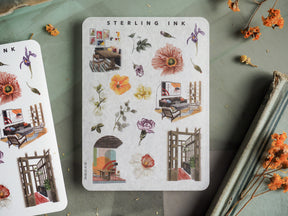 Delicate sticker elements featuring botanical illustrations, tiny architectural vignettes, and small indoor scenes in soft, muted earth tones.