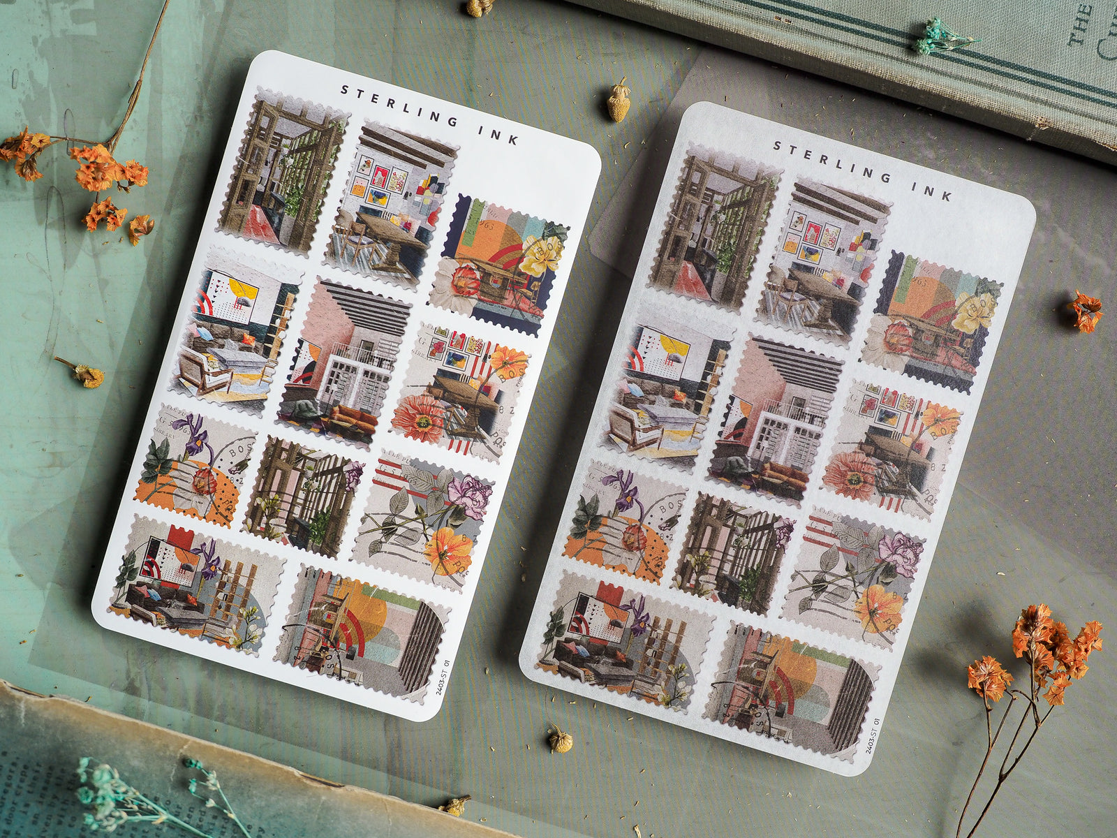Grid of vintage-style sticker squares illustrating cozy interior scenes, decorative furniture, and patterned room details.