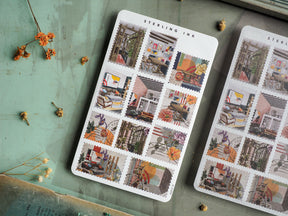 Decorative sticker sheet for March 2024, showcasing a grid of patterned squares depicting cozy, stylized room interiors and autumnal home decor.