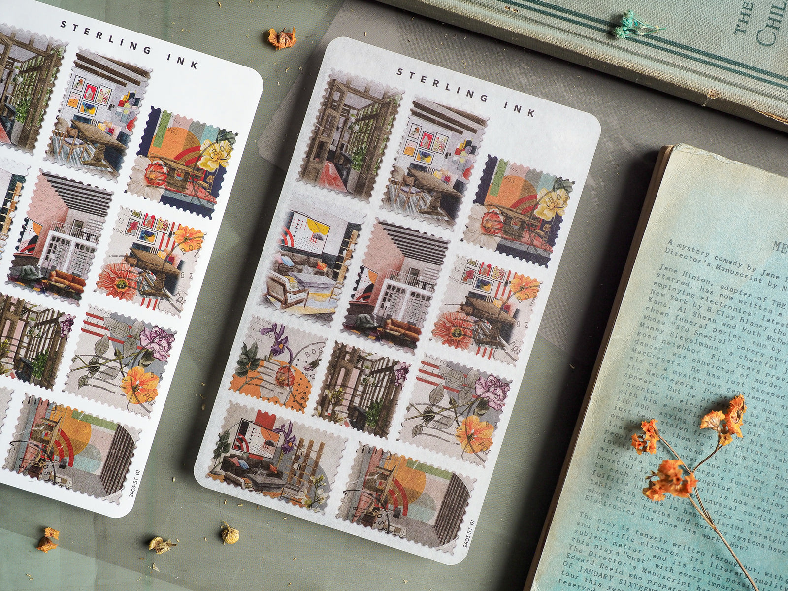 Sheets of "Sterling Ink" stamps featuring vintage, rustic illustrations of detailed shopfronts and interiors in warm, autumnal, cottagecore tones.