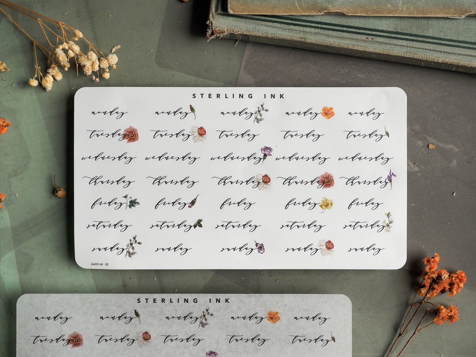 Decorative set of white sticker sheets for March 2024, featuring themed weekly days, dates, and delicate floral accents for planners and journaling.