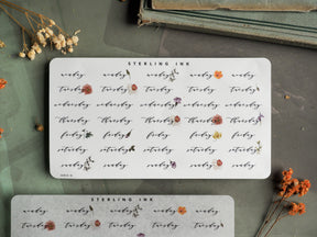 Decorative set of white sticker sheets for March 2024, featuring themed weekly days, dates, and delicate floral accents for planners and journaling.